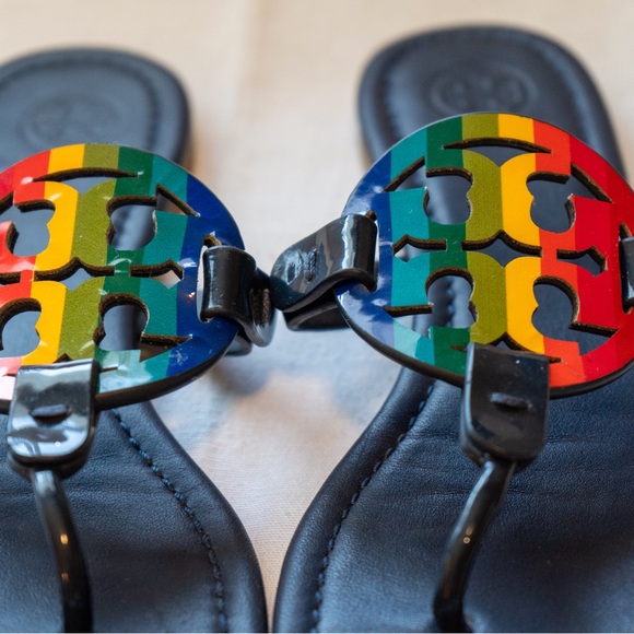 COPY - Tory Burch Miller Royal Navy Rainbow Reva Leather Thong Slide Sandals -s… - Picture 2 of 8